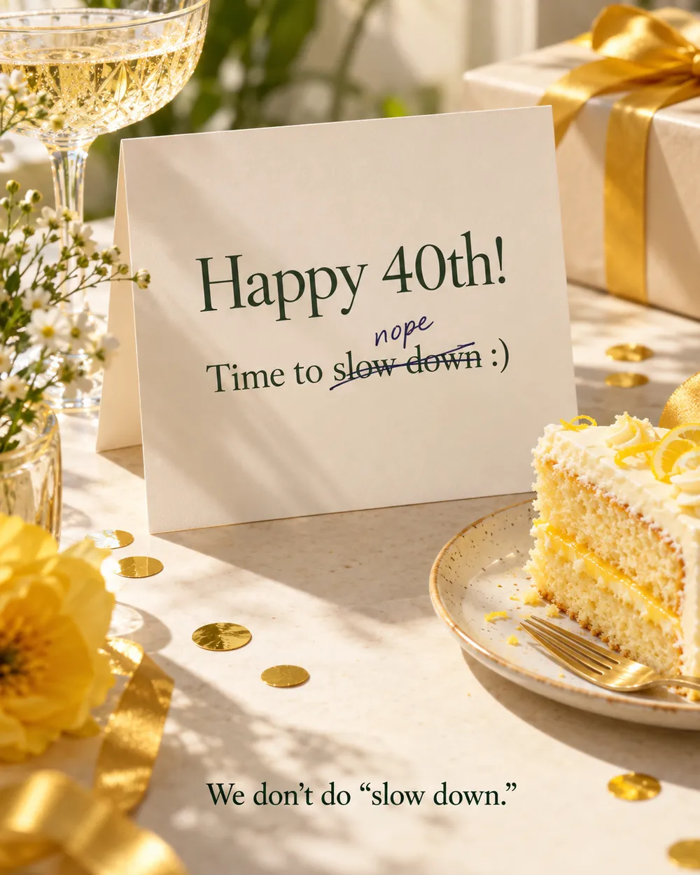 A birthday card reading Happy 40th, time to slow down, with slow down crossed out and replaced by nope